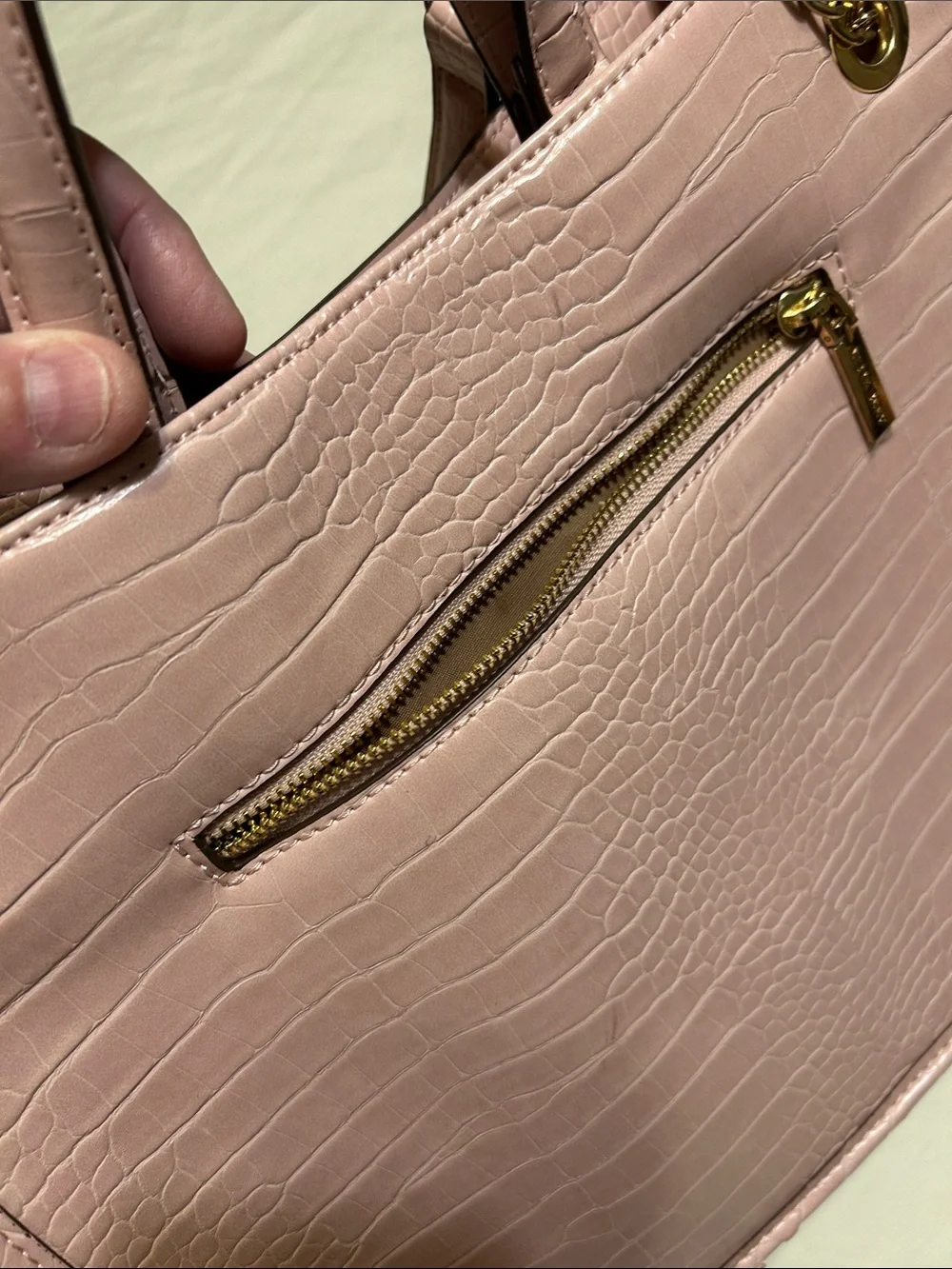 Anne Klein Blush Pink Croc-Embossed Satchel with Gold Hardware